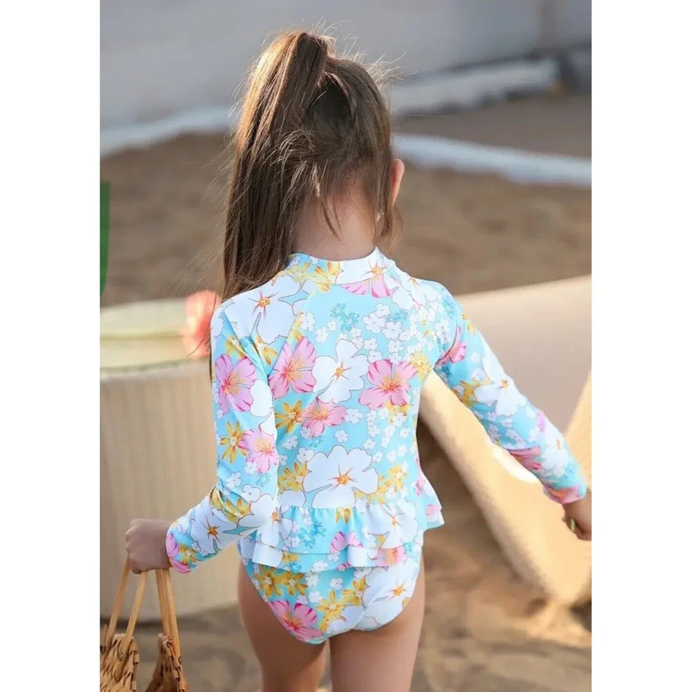 Los Angeles Boutique Girls Floral One Piece Zip Front Long Sleeve Swim Beach 4-5